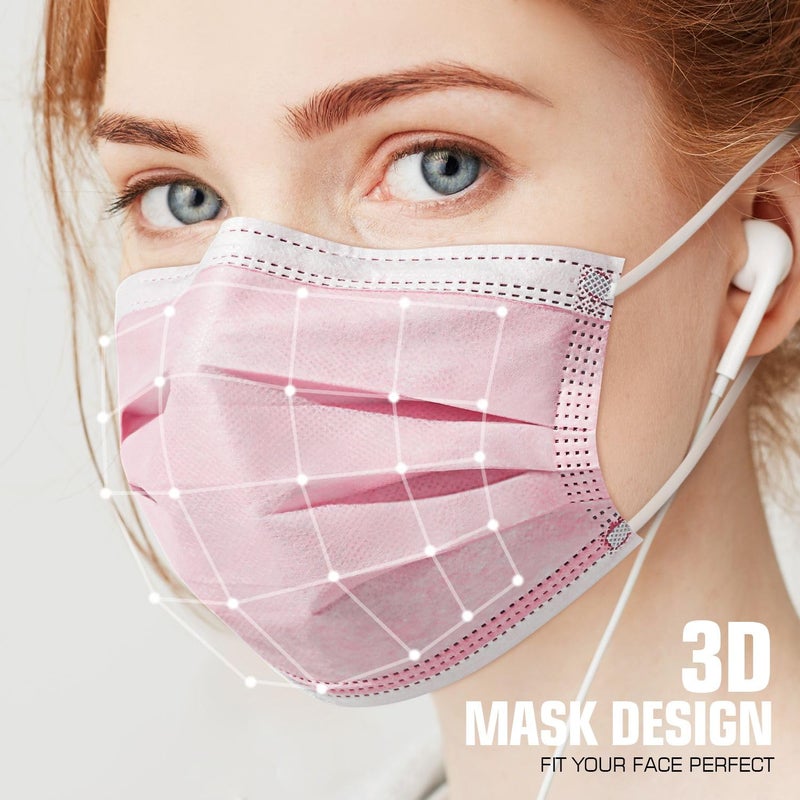 PM PERFORMOTOR 50 Pcs Disposable Face Cover 3-Ply Filter Non Medical Breathable Earloop Masks (Pink) - Image 5
